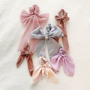 Pastel Lilac Blue Orange Pink Ribbon Bow Silky Hair Scrunchies Accessories Set